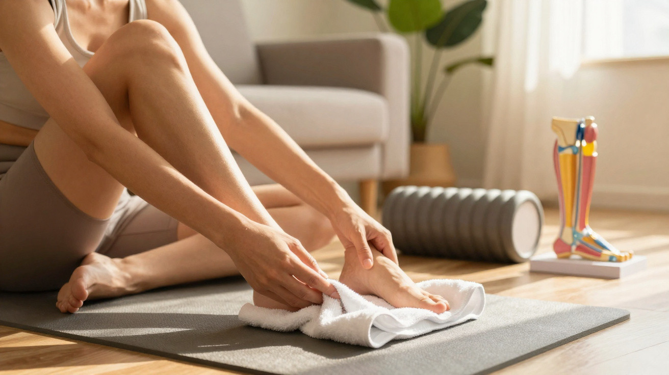 Pessoa sentada num tapete de yoga a secar o pé com uma toalha branca numa sala iluminada.