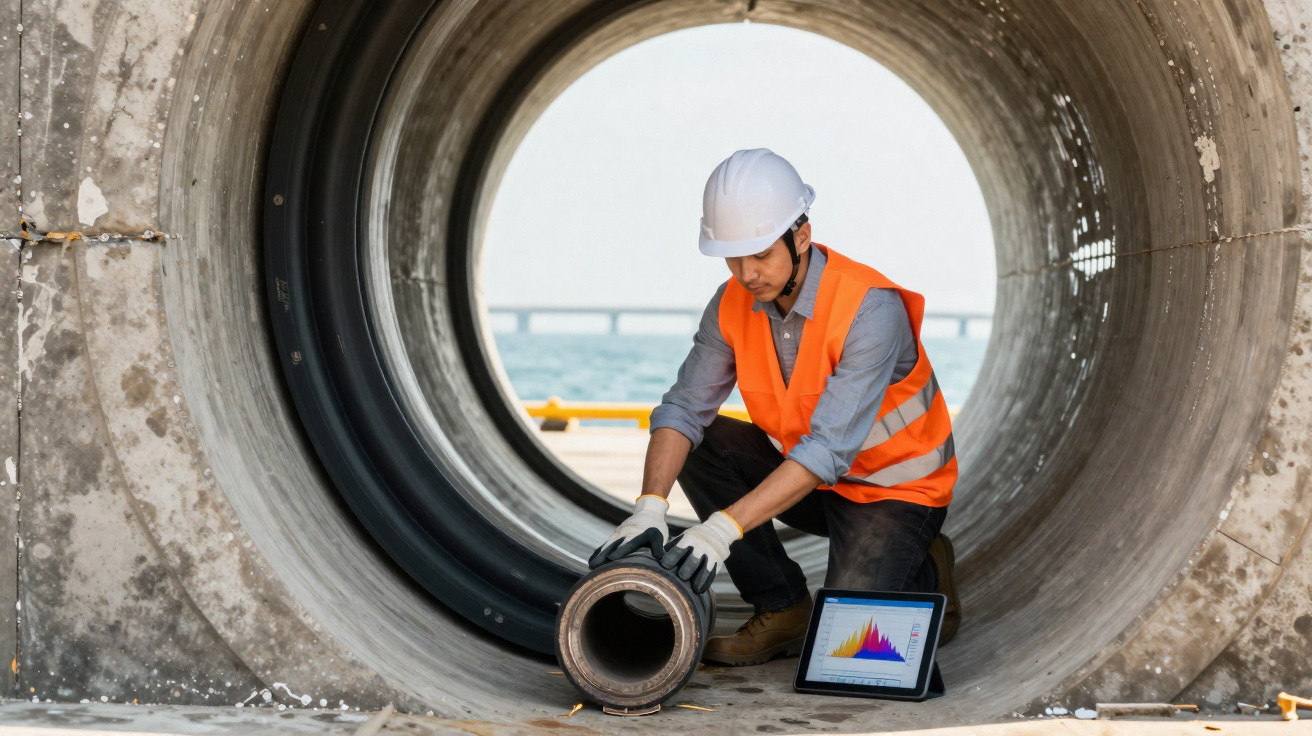 Trabalhador com capacete e colete laranja inspeciona tubos de construção junto a tablet com gráfico.