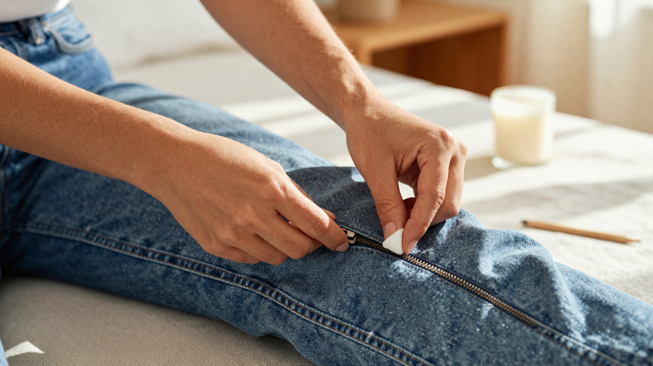 Pessoa a limpar mancha branca num jeans azul com um pano branco, sentada num sofá claro.