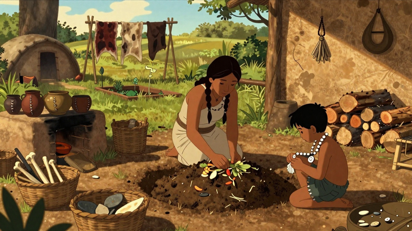 Mulher e criança ao ar livre a preparar alimento na terra, rodeados por utensílios e peles secas.