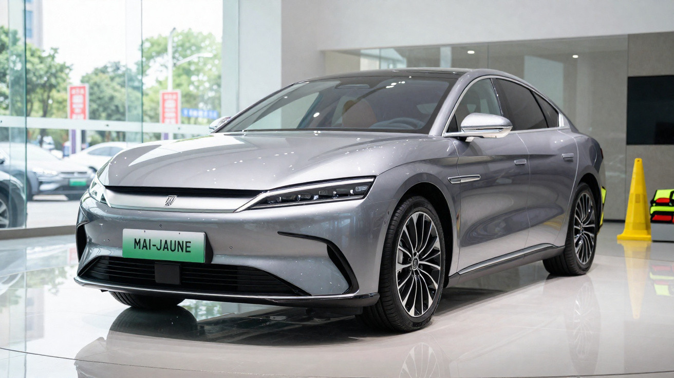 Automóvel elétrico cinza metálico moderno exibido em showroom com chão brilhante e grandes janelas.