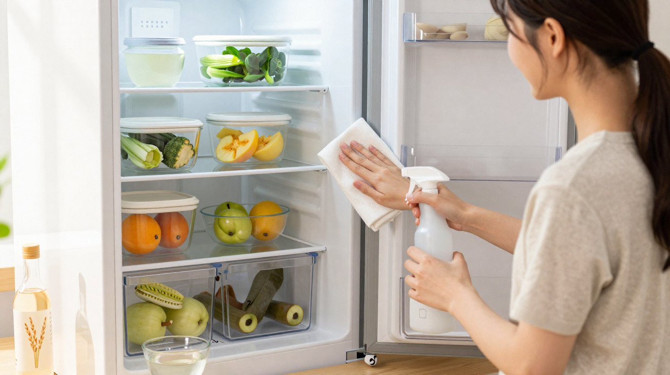 Mulher a limpar o interior de um frigorífico com um pano branco e um spray de limpeza.