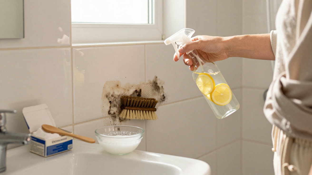 Mão a borrifar solução de limpeza com limão para remover mofo em azulejo de casa de banho.