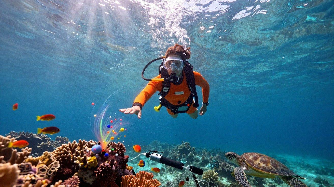Mergulhador com fato laranja explora recife de coral com vários peixes e uma tartaruga marinha.