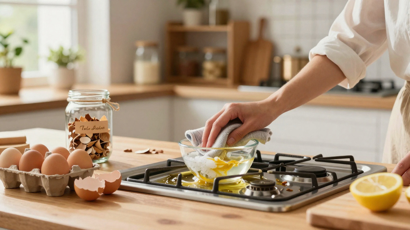 Pessoa a limpar um ovo partido com um pano sobre um tacho na cozinha moderna.