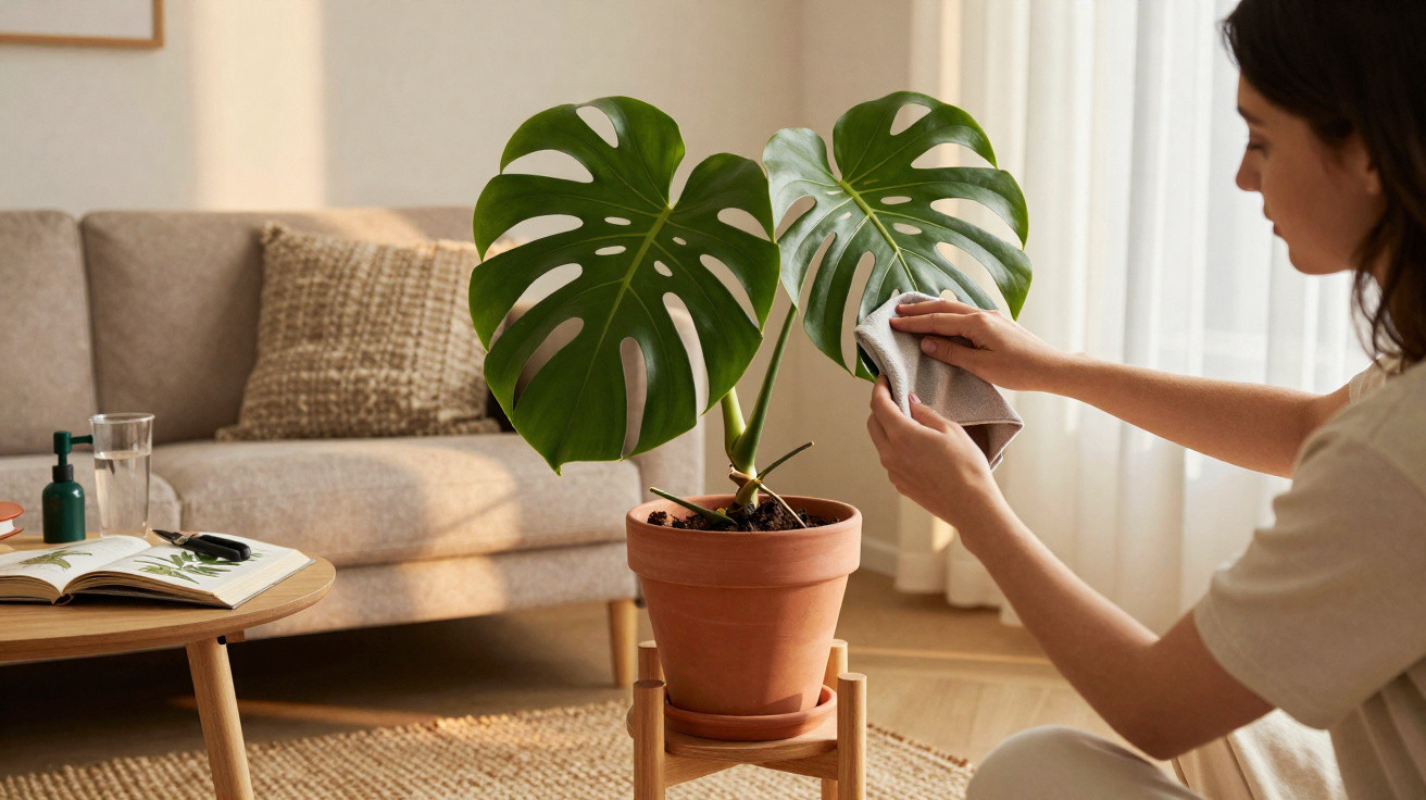 Pessoa limpa folhas de planta Monstera em vaso numa sala acolhedora com sofá e mesa de madeira.