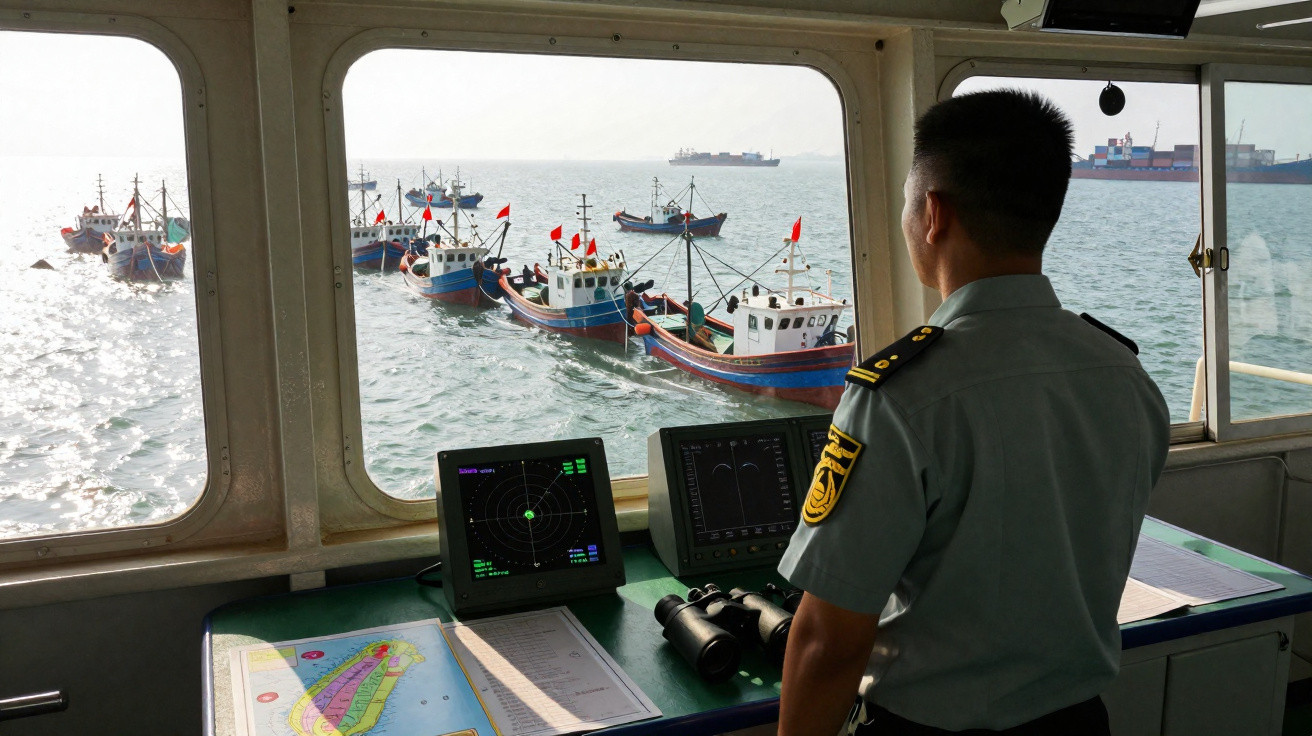 Marinheiro observa barcos de pesca alinhados no mar a partir do interior de um navio de patrulha.