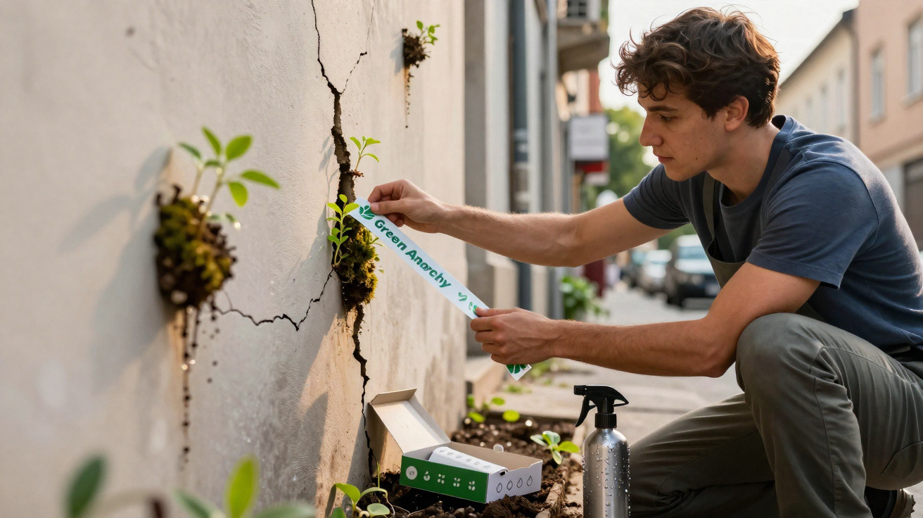 Jovem planta vegetação em rachas de parede exterior numa rua, com materiais de jardinagem ao lado.