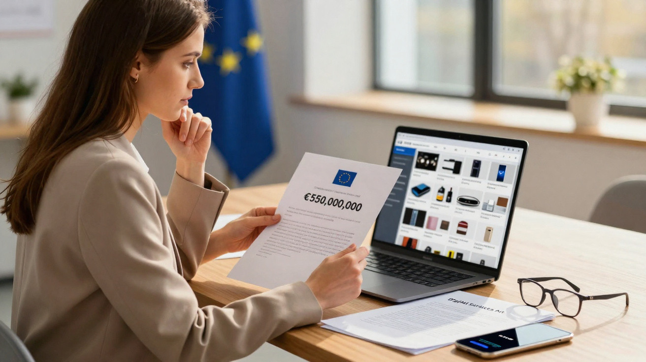 Mulher a trabalhar com documentos e laptop numa mesa, bandeira da União Europeia ao fundo.