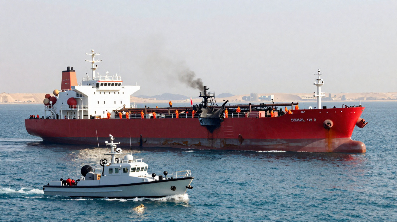 Navio cargueiro vermelho com sinal de fumo preto e barco de patrulha branco no mar perto da costa arenosa.