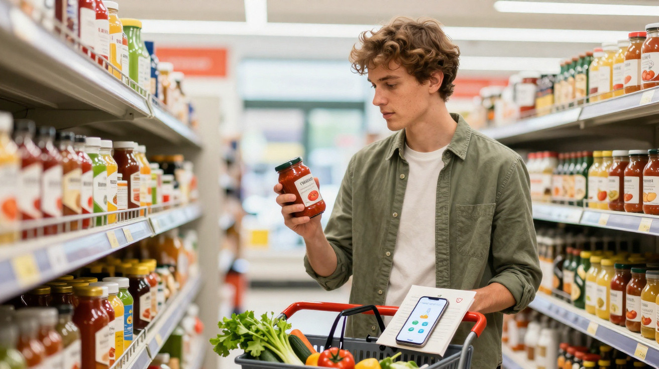 Homem a segurar frasco de molho de tomate enquanto faz compras num supermercado.