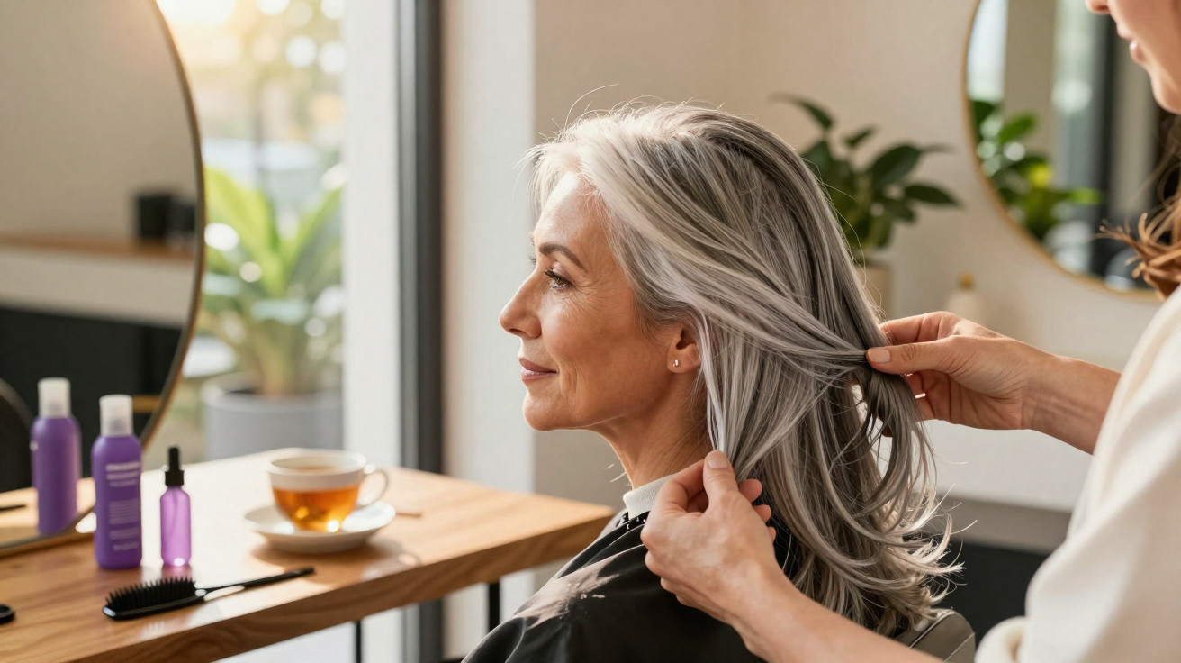 Mulher com cabelo grisalho sendo penteada num salão de cabeleireiro, com chá na mesa ao lado.