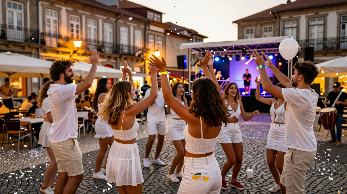 Jovens vestidos de branco a dançar numa praça histórica à noite, com música ao vivo num palco ao fundo.