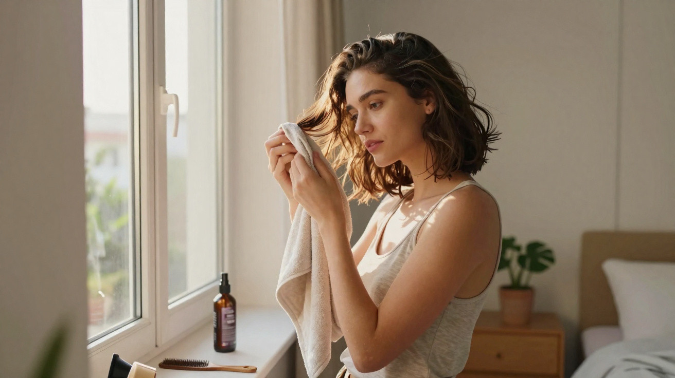 Mulher a secar o cabelo com toalha junto a uma janela em quarto iluminado pela luz natural.