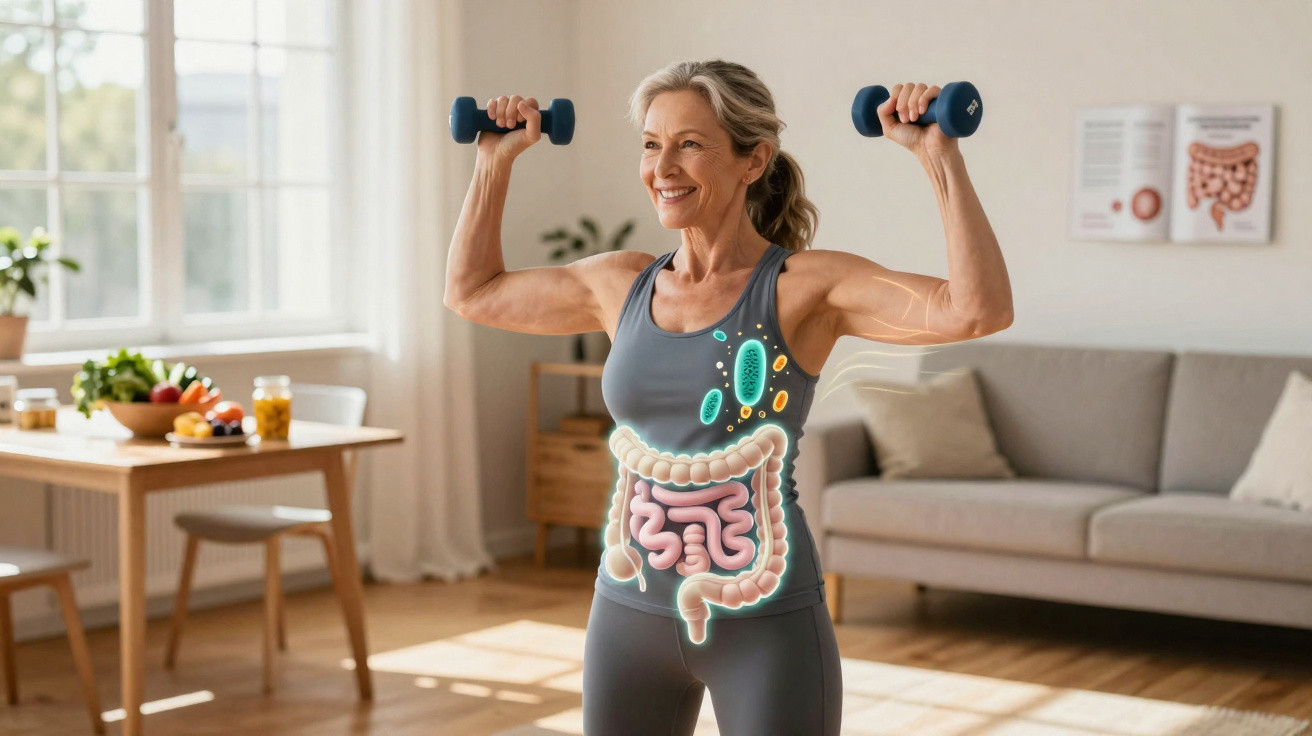 Mulher sorridente faz exercício com halteres em casa, com ilustração do sistema digestivo e microrganismos.