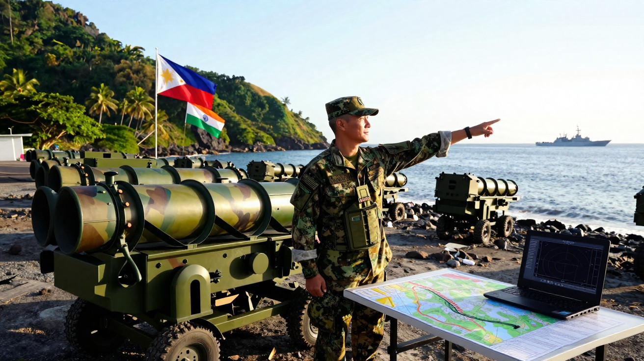 Soldado em uniforme militar aponta para o mar junto a equipamento bélico e bandeiras das Filipinas e Índia numa costa rochosa