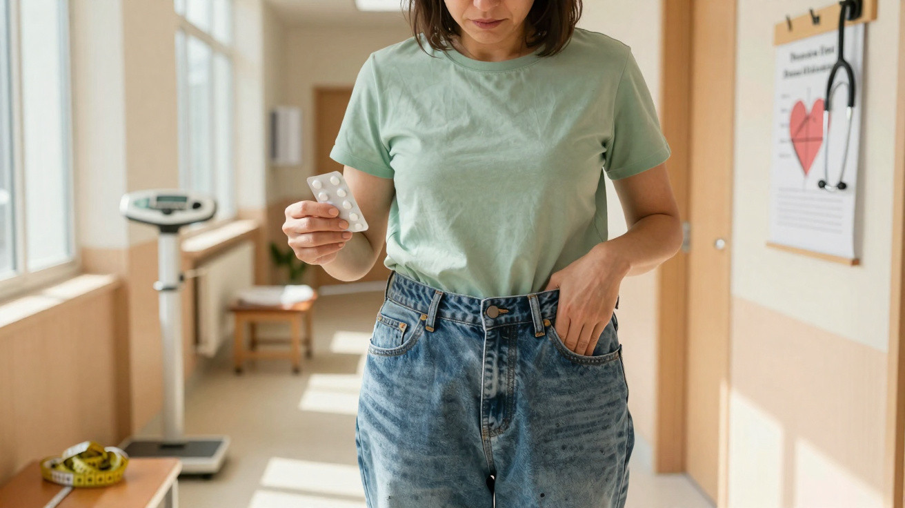 Mulher em corredor de consulta médica segurando blister de comprimidos e a calça com uma mão.