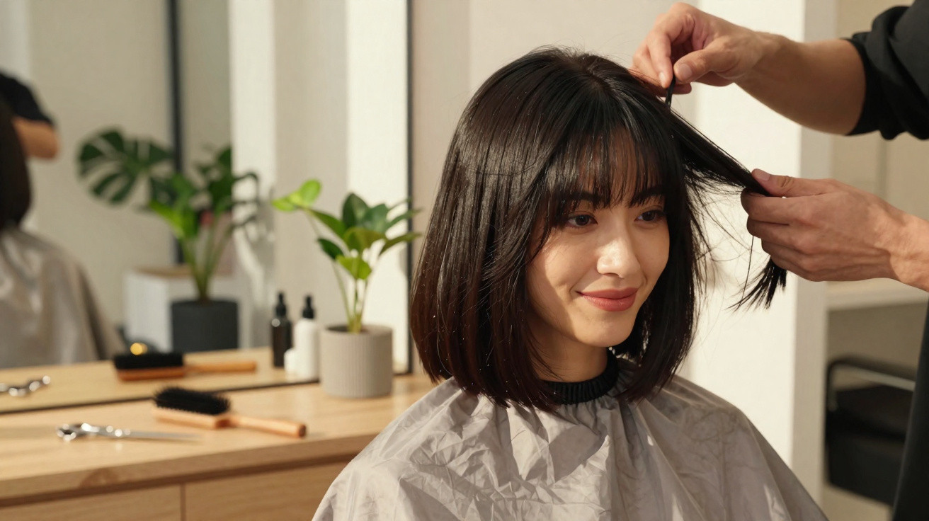 Mulher sorridente com cabelo curto sendo penteada num salão de cabeleireiro moderno e iluminado.