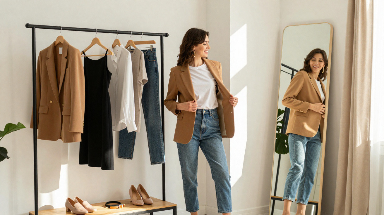Mulher a experimentar blazer castanho num quarto com roupas penduradas e sapatos na varanda perto do espelho.