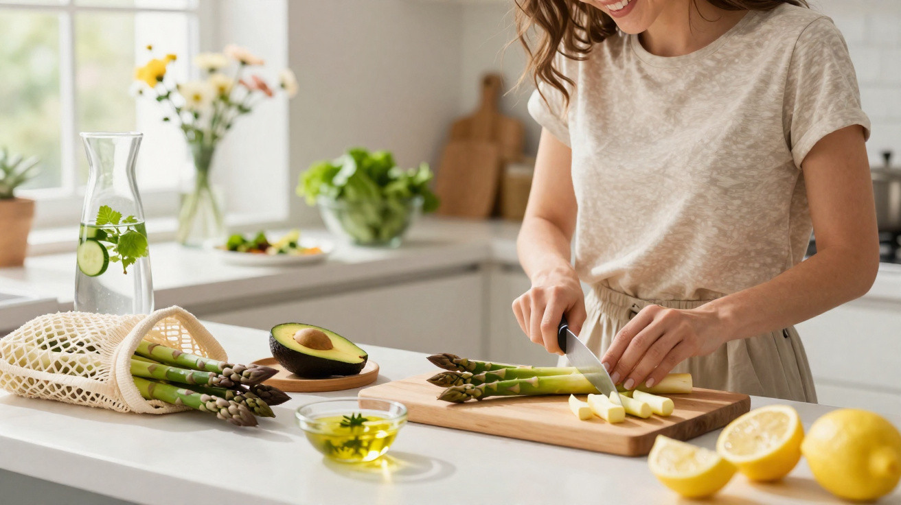 Mulher a cortar espargos numa tábua numa cozinha luminosa com abacate, limão e azeite à frente.