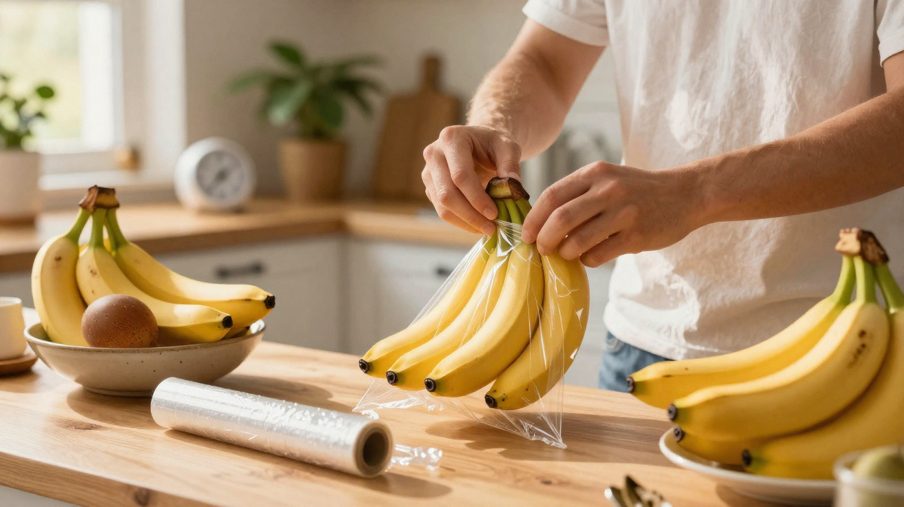 Pessoa a embrulhar cachos de bananas em película aderente numa cozinha moderna com frutas na bancada.