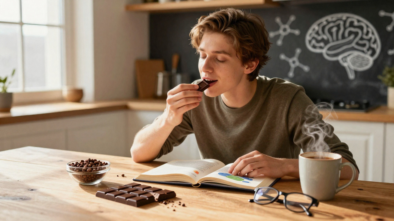 Jovem a saborear chocolate enquanto lê livro numa cozinha com caneca de café fumegante e óculos na mesa.