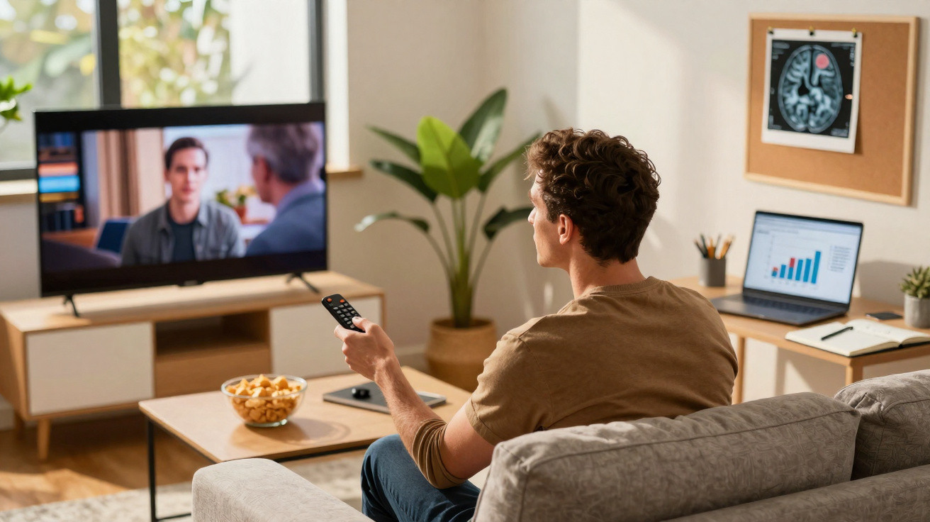 Homem sentado no sofá a ver televisão e segurando comando numa sala com computador aberto e planta.