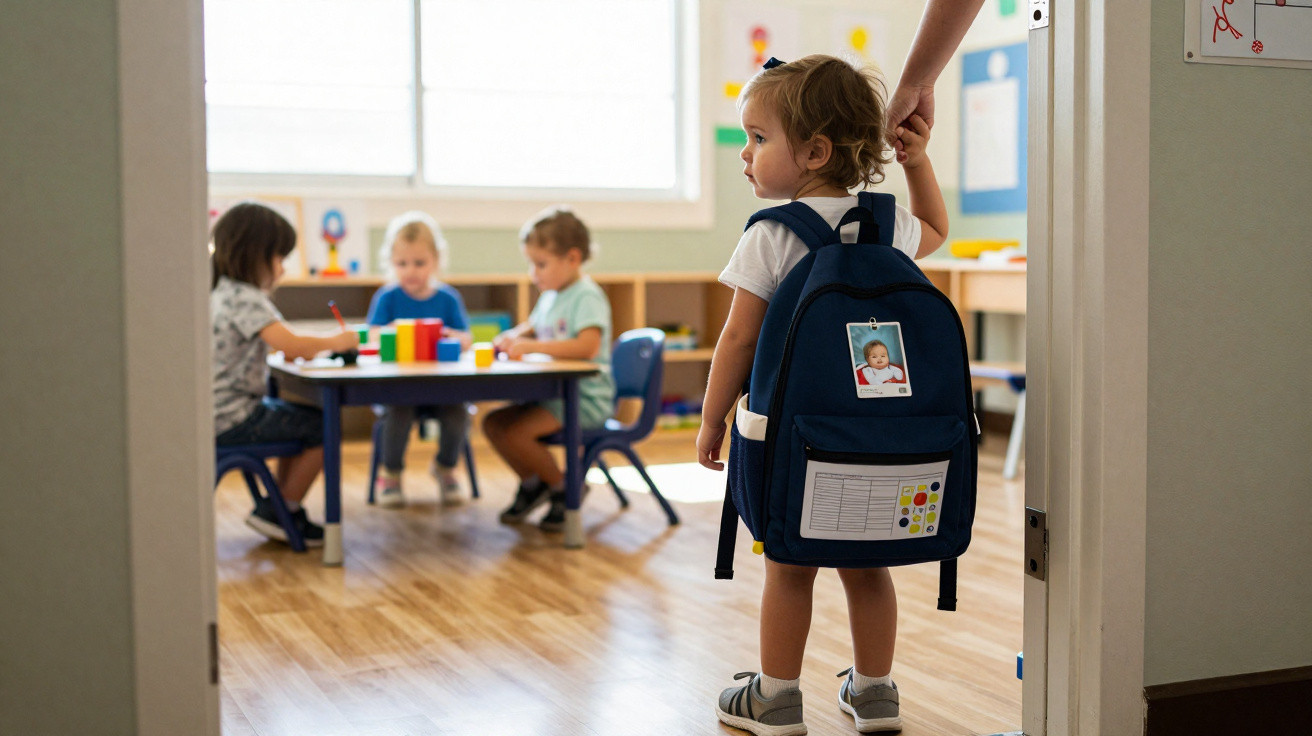 Criança de mochila azul de mão dada com adulto, prestes a entrar numa sala de aula com outras crianças sentadas.