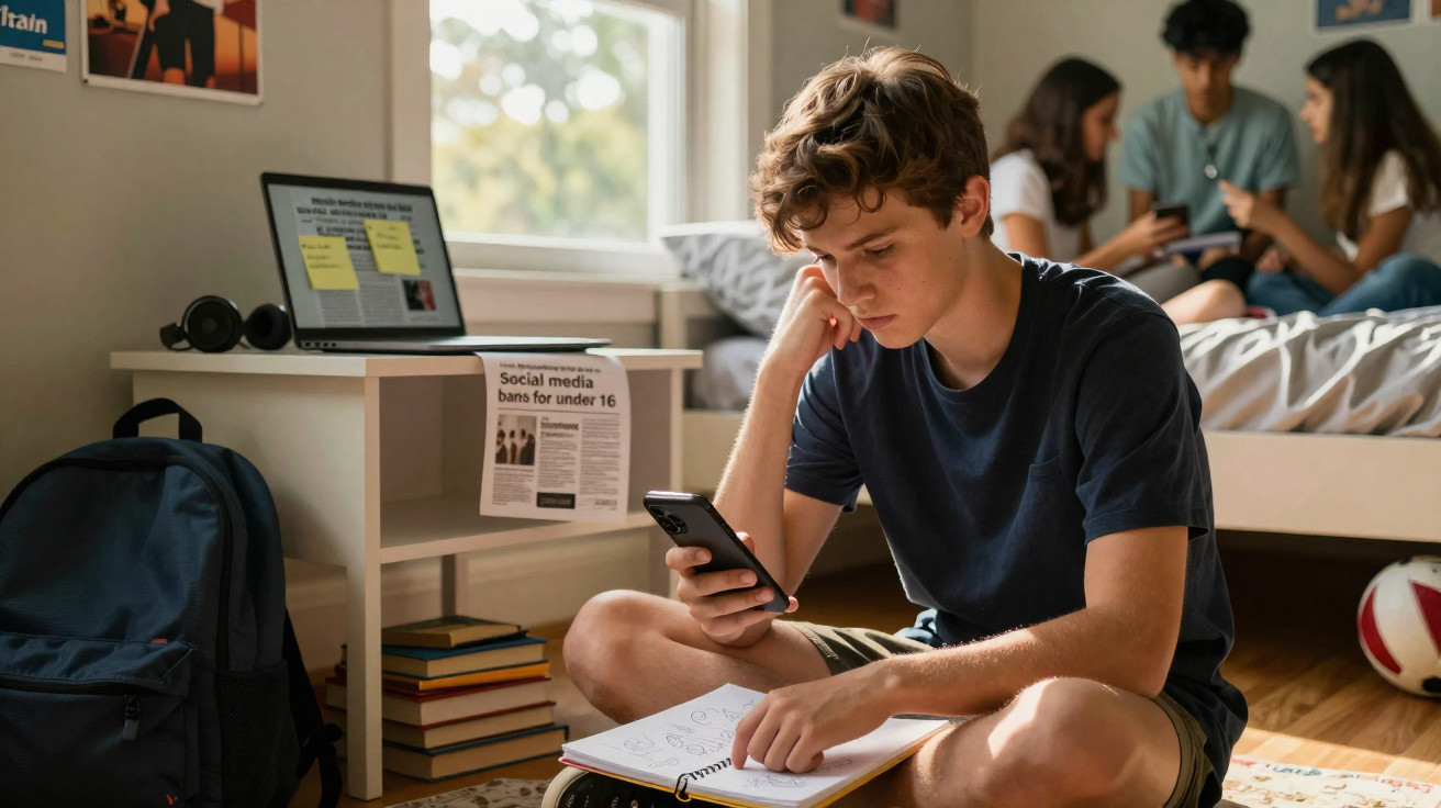 Adolescente sentado no chão a estudar e usar telemóvel, com grupo de jovens sentado na cama ao fundo.