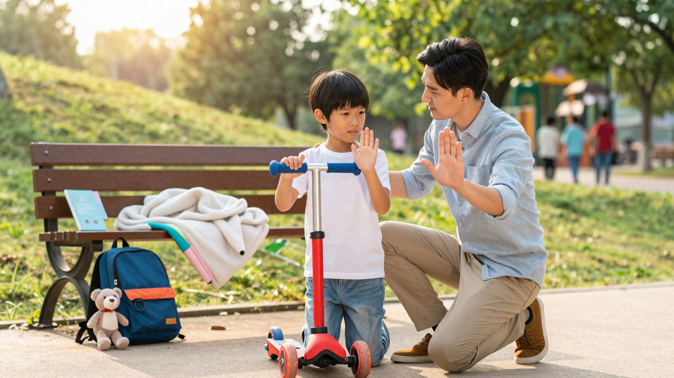 Pai e filho em parque, pai ensina filho a usar trotinet scooter, ambos mostram a mão aberta.