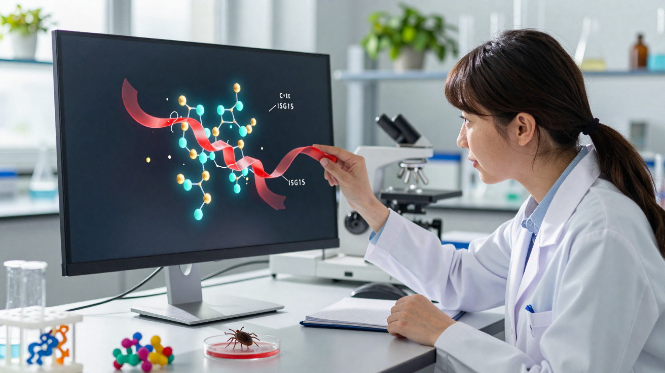 Cientista num laboratório a analisar uma estrutura molecular 3D no computador com microscópio ao fundo.