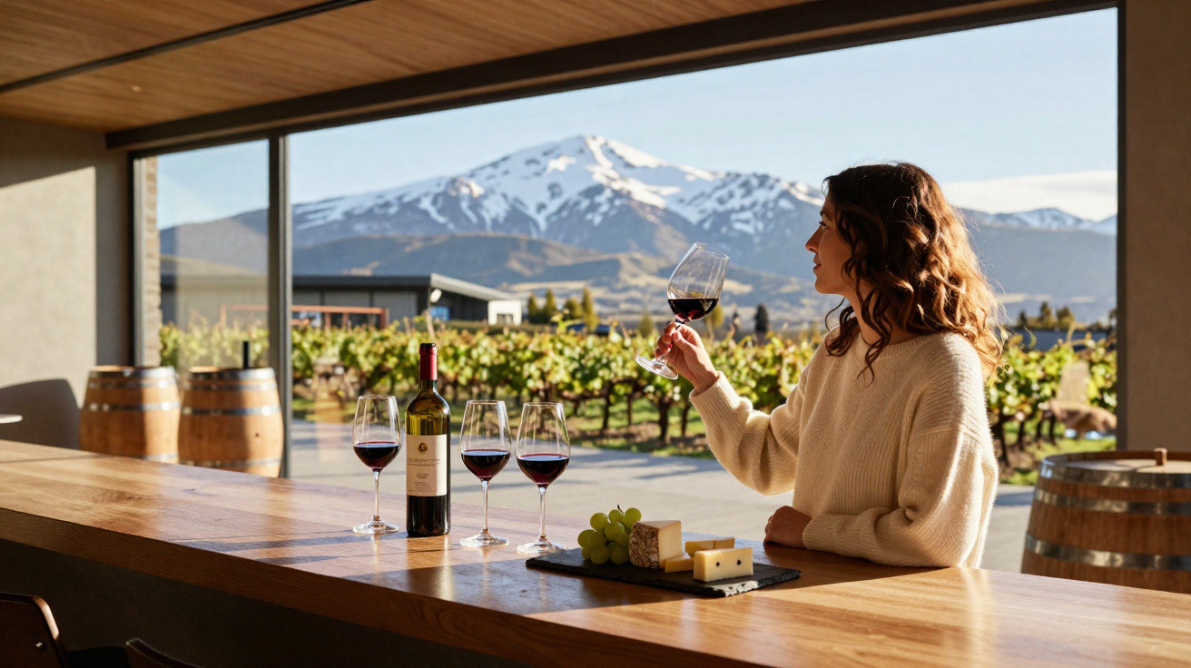 Mulher a provar vinho tinto numa mesa com queijos, uvas e vista para vinhas com montanha nevada ao fundo.