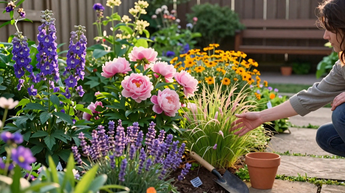 Mulher a cuidar de um jardim colorido com várias flores num dia ensolarado.