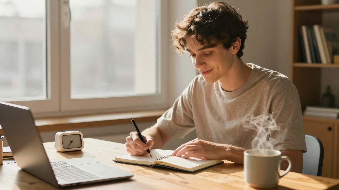 Jovem sentado numa mesa a escrever num caderno com um portátil e uma chávena de bebida quente à frente.