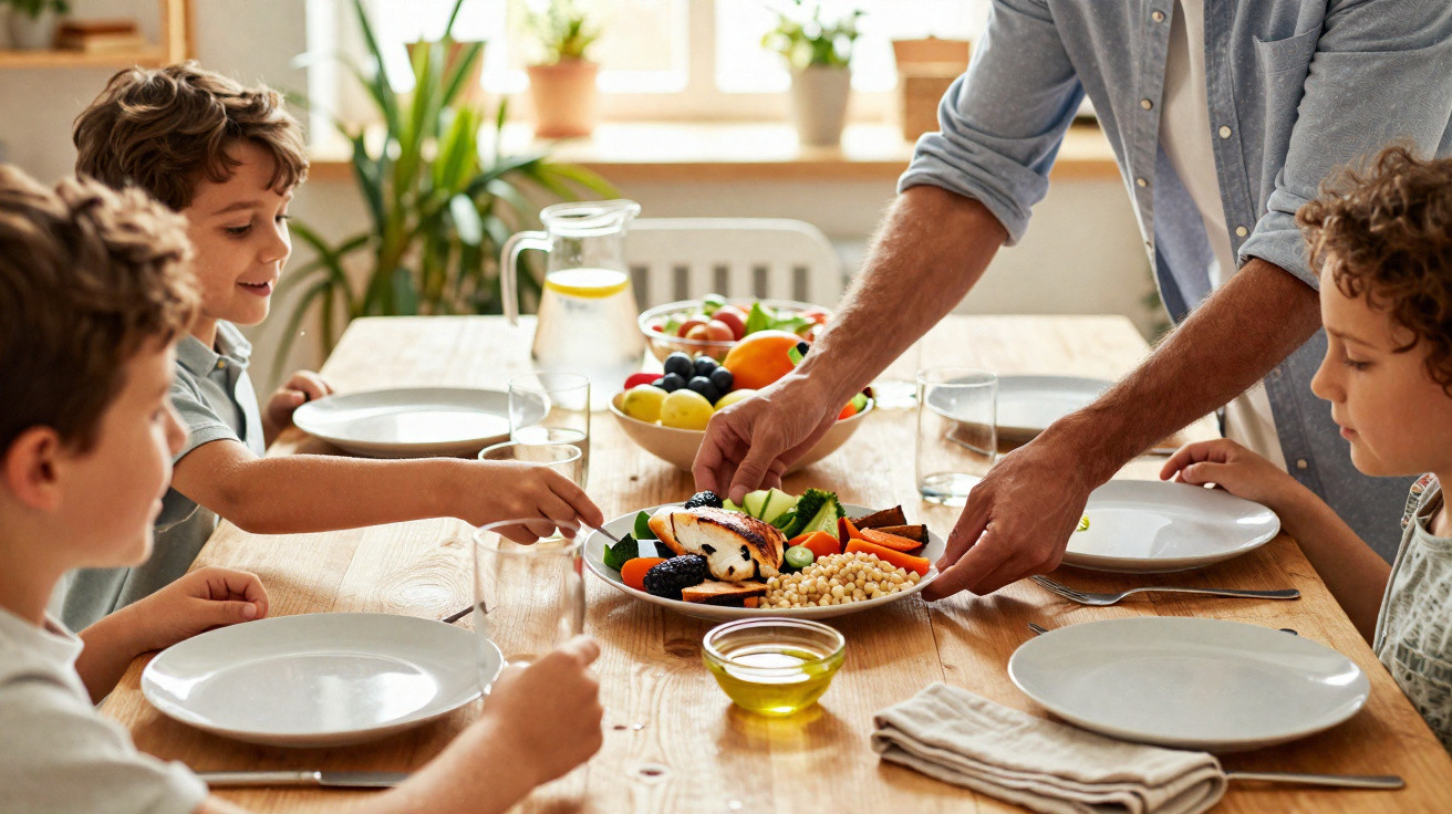 Família sentada à mesa a preparar-se para uma refeição saudável com legumes e frutas variadas.