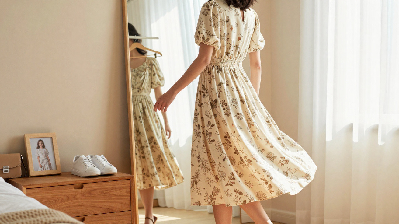 Mulher de vestido floral bege rodando em quarto com espelho, sapatos brancos e iluminação natural.