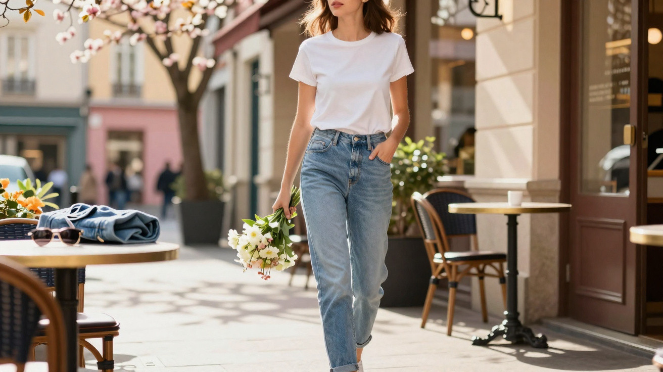 Mulher de camisa branca e jeans caminhando numa rua com flores na mão e mesas exteriores ao lado.