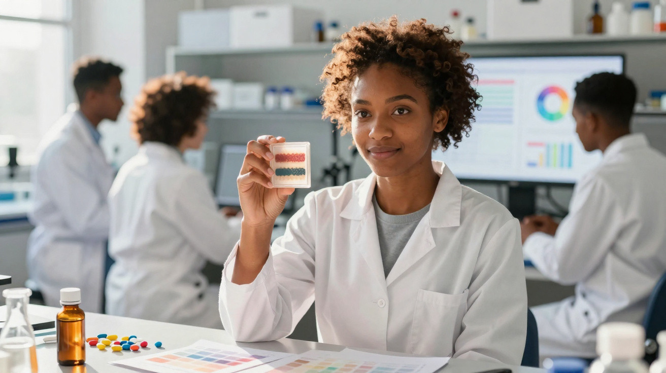 Mulher cientista em laboratório a mostrar amostra colorida, com colegas a trabalhar no fundo.