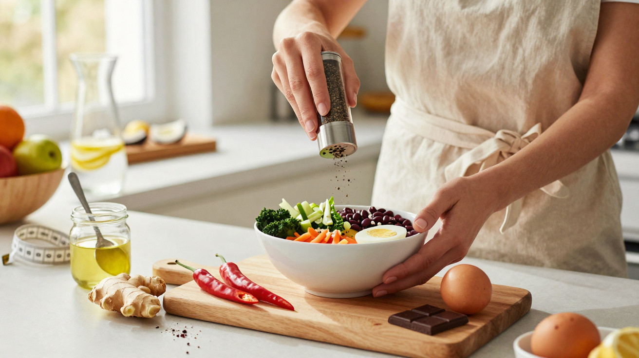 Pessoa tempera salada com moedor de pimenta numa bancada com ingredientes variados à volta.