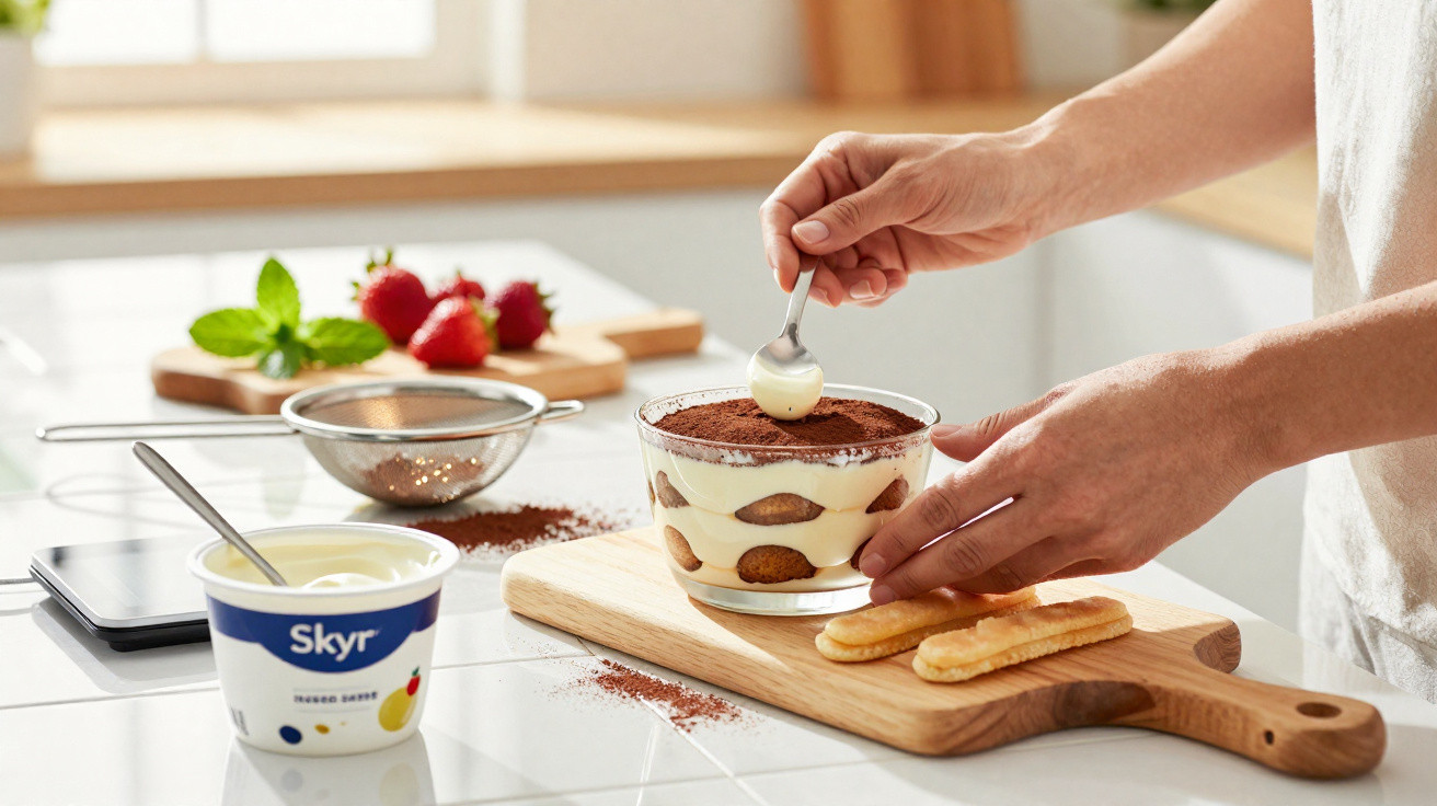 Pessoa a preparar tiramisù numa tigela de vidro numa cozinha clara, com ingredientes e morangos ao fundo.