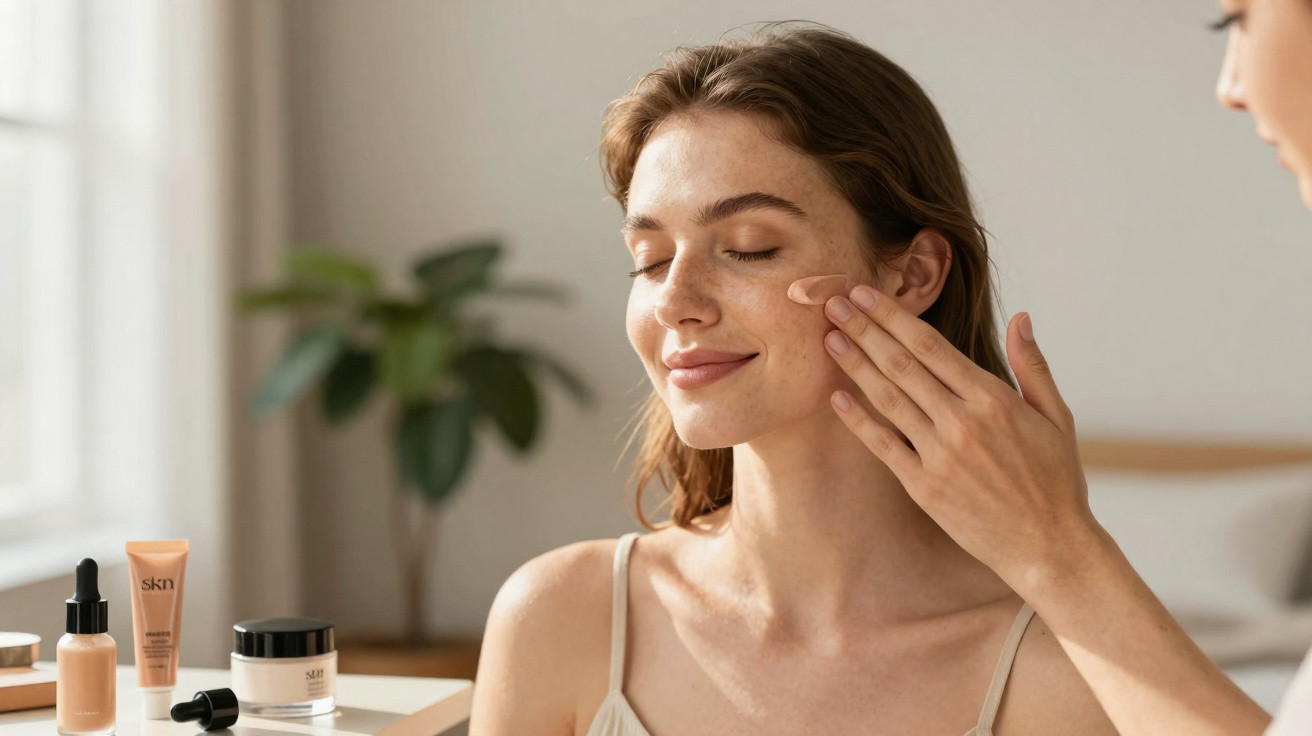 Mulher com olhos fechados a receber aplicação de maquilhagem num rosto sonridente, com produtos ao lado.