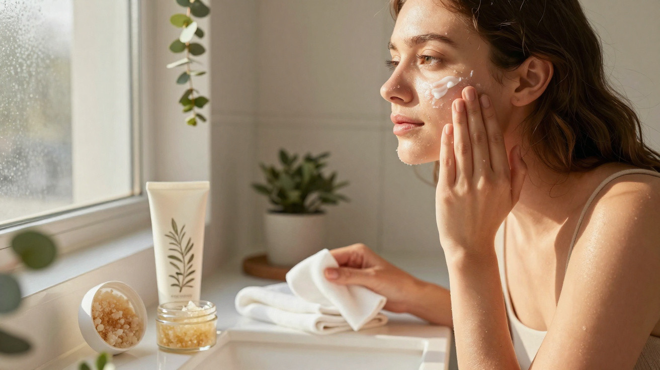Mulher a aplicar creme hidratante facial num ambiente luminoso de casa de banho junto à janela.