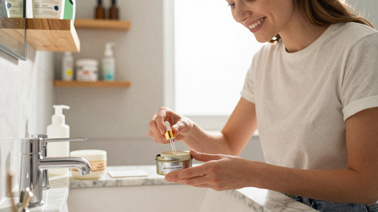 Mulher sorridente aplica soro da ampola num frasco de creme num lavatório moderno com prateleiras ao fundo.