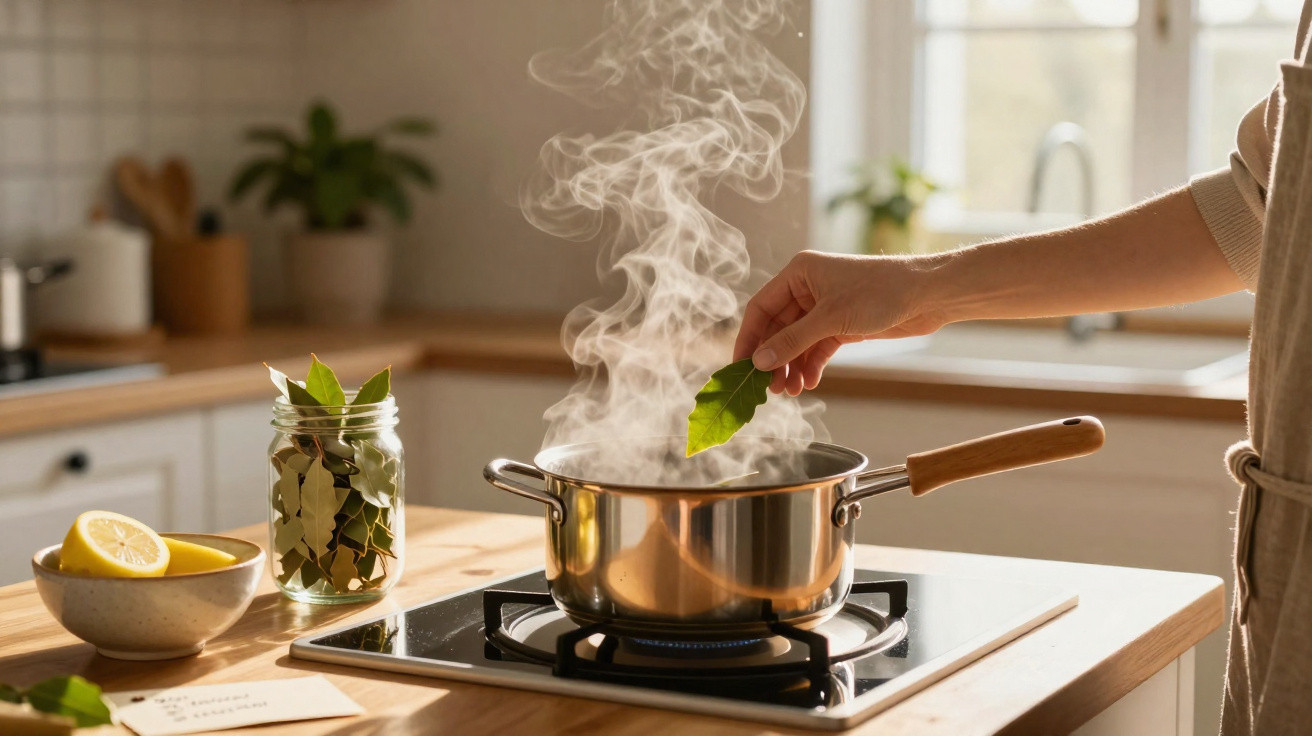 Pessoa a colocar folha de louro numa panela a ferver num fogão numa cozinha iluminada.