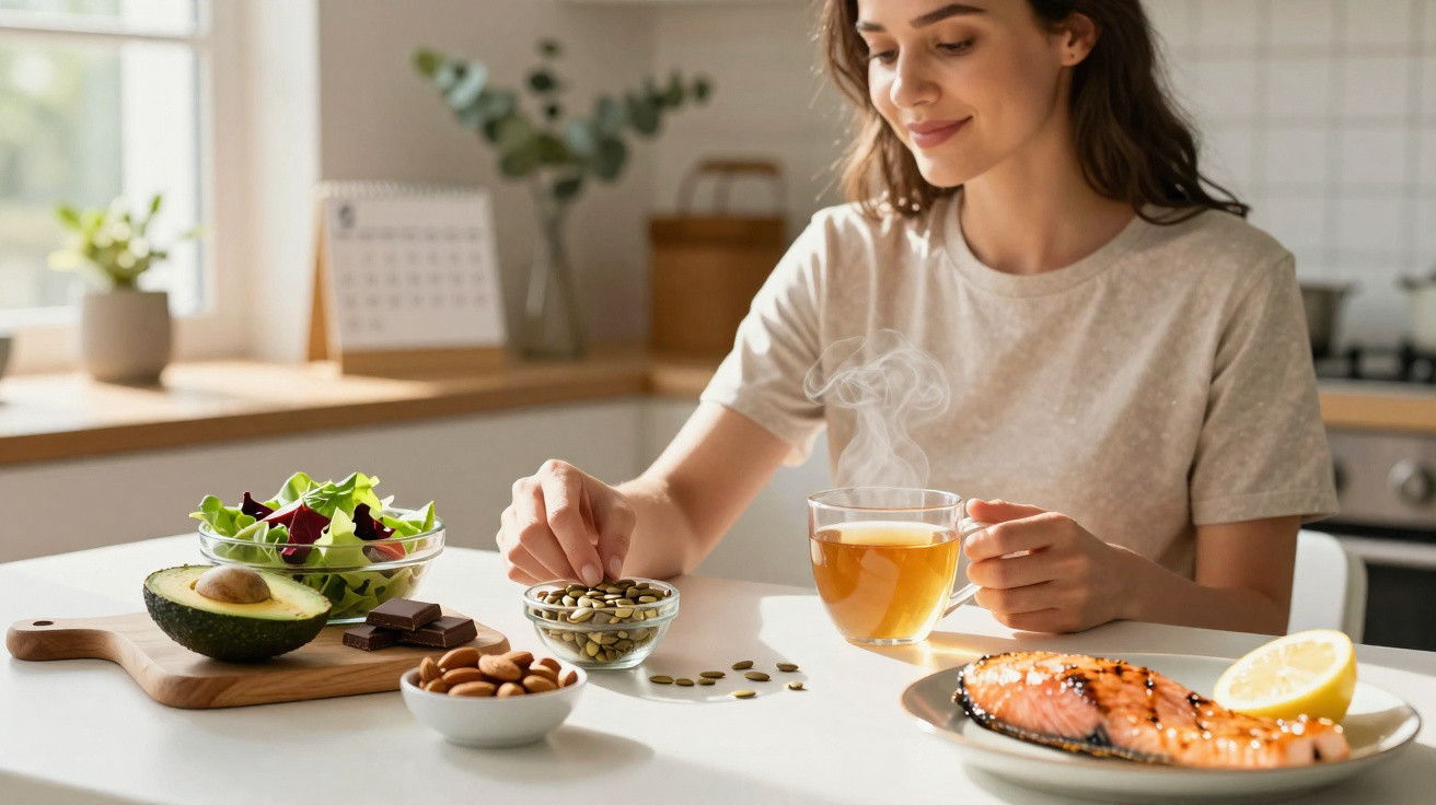 Mulher sentada à mesa com chá quente, sementes, salmão, abacate, chocolate e nozes, num ambiente de cozinha.