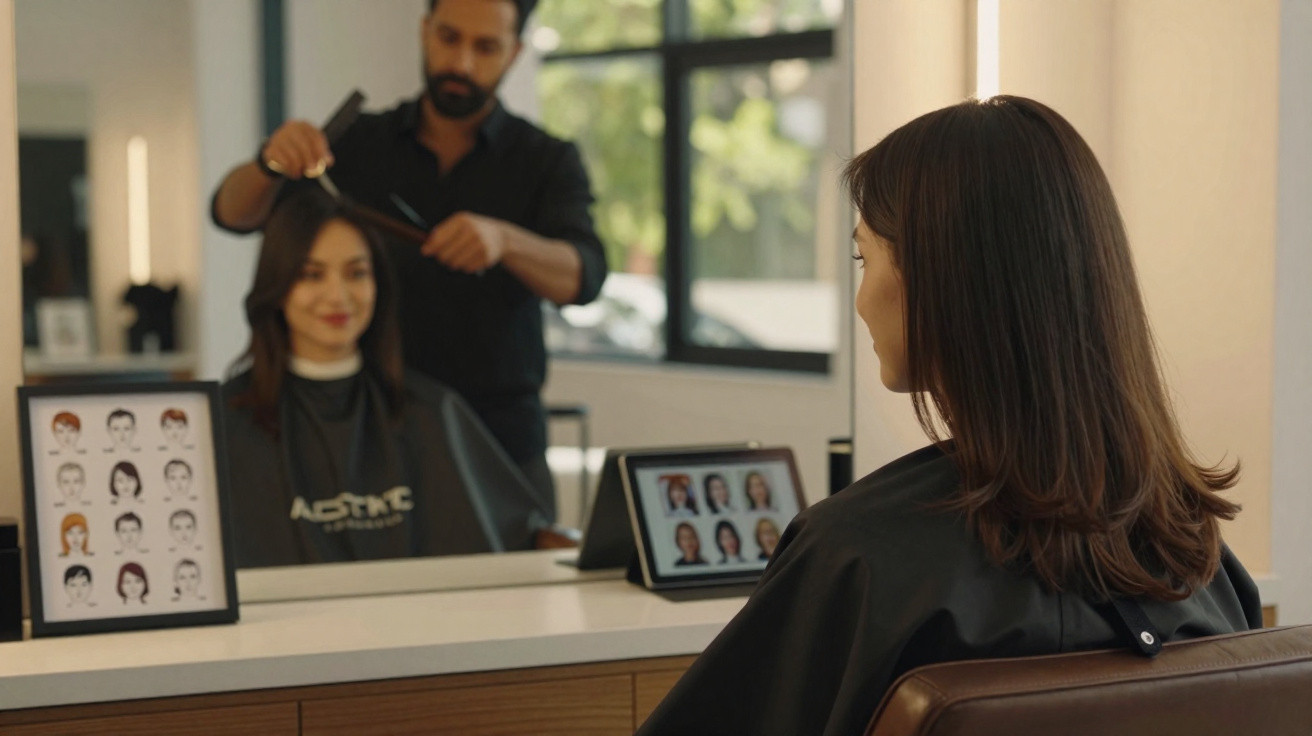 Mulher sentada no cabeleireiro a olhar para o espelho enquanto o cabeleireiro lhe penteia o cabelo.