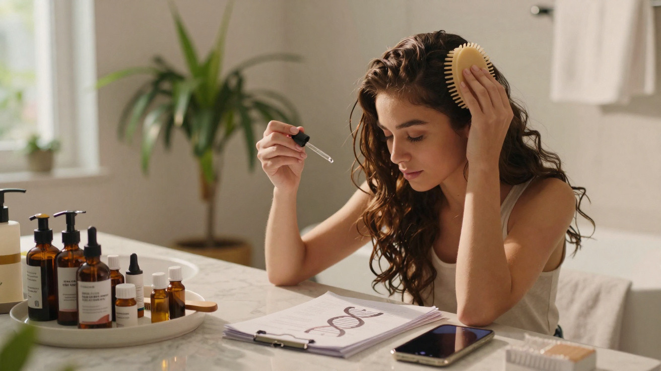 Mulher com cabelo encaracolado usa pipeta para aplicar produto capilar, sentada junto a mesa com frascos e caderno.