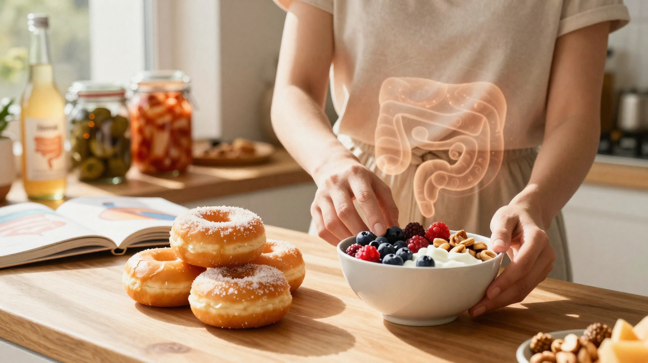 Pessoa a escolher frutos vermelhos e iogurte numa tigela, com donuts e ilustração do intestino no ar.