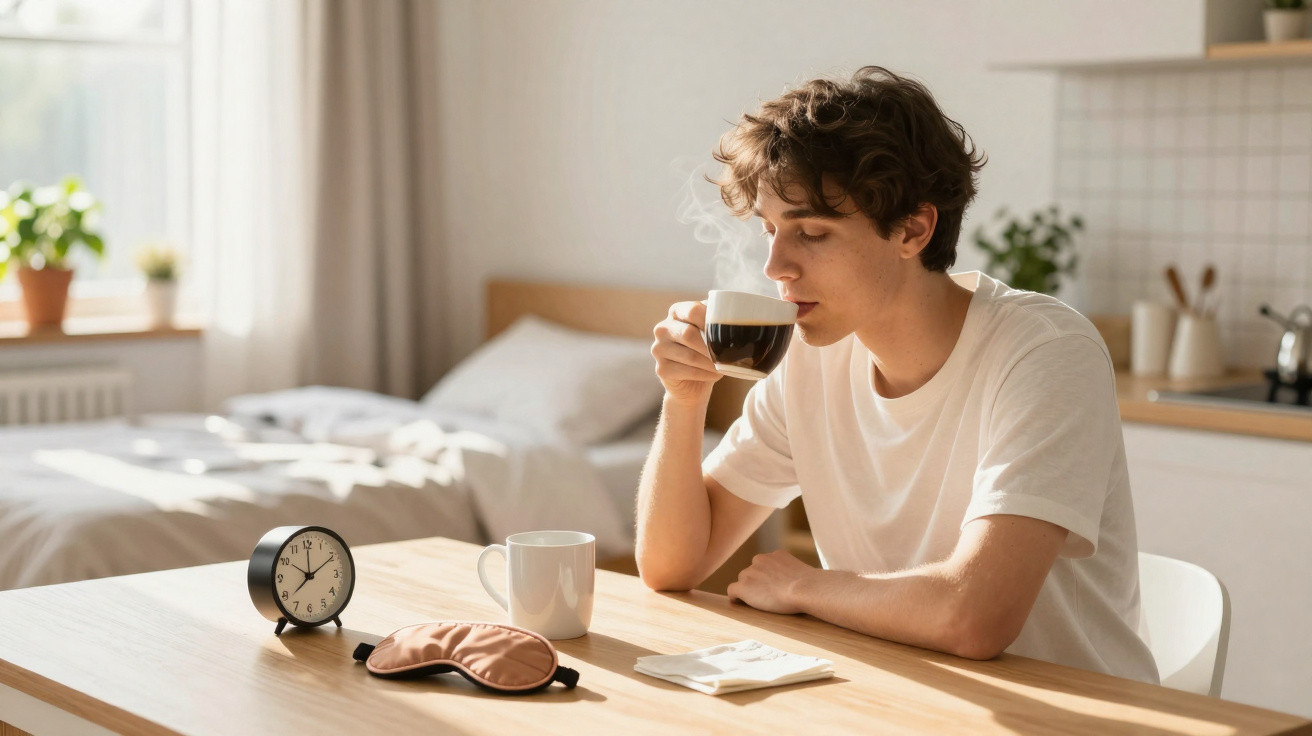 Jovem a beber café numa cozinha luminosa ao amanhecer, com relógio e máscara de dormir na mesa.