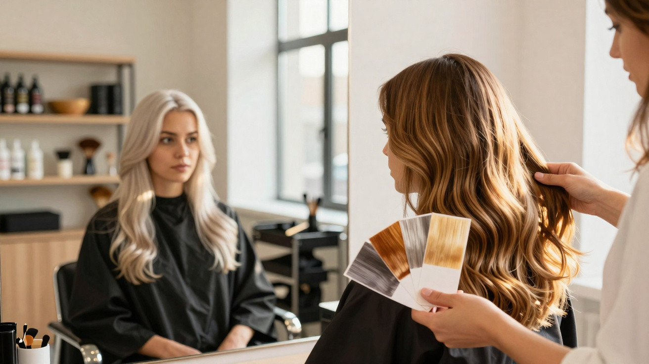 Mulher num cabeleireiro a escolher cor de cabelo com uma profissional, refletida no espelho.